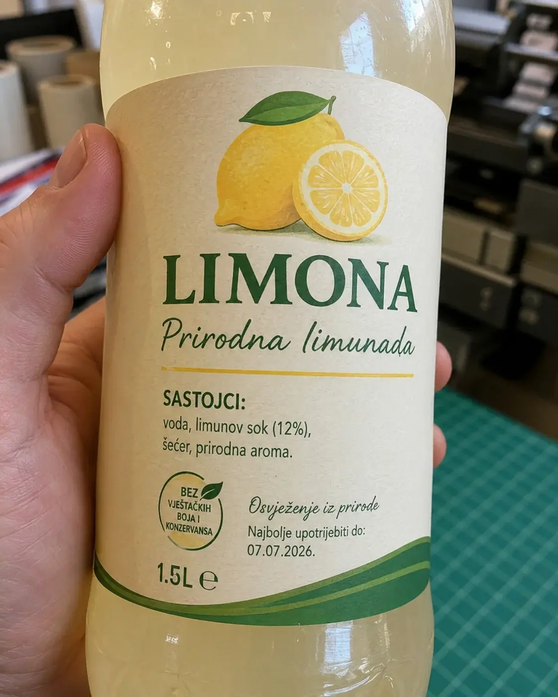 Detalj etikete na limunadi sa grafikom i tekstom brenda