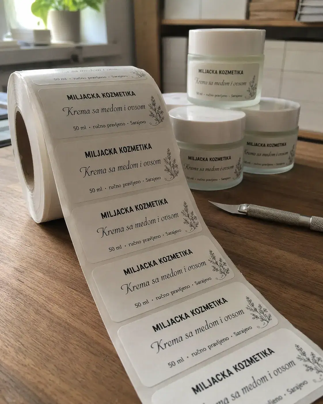 Rolna sa brendiranim etiketama Miljacka Kozmetika kraj gotovih teglica kreme