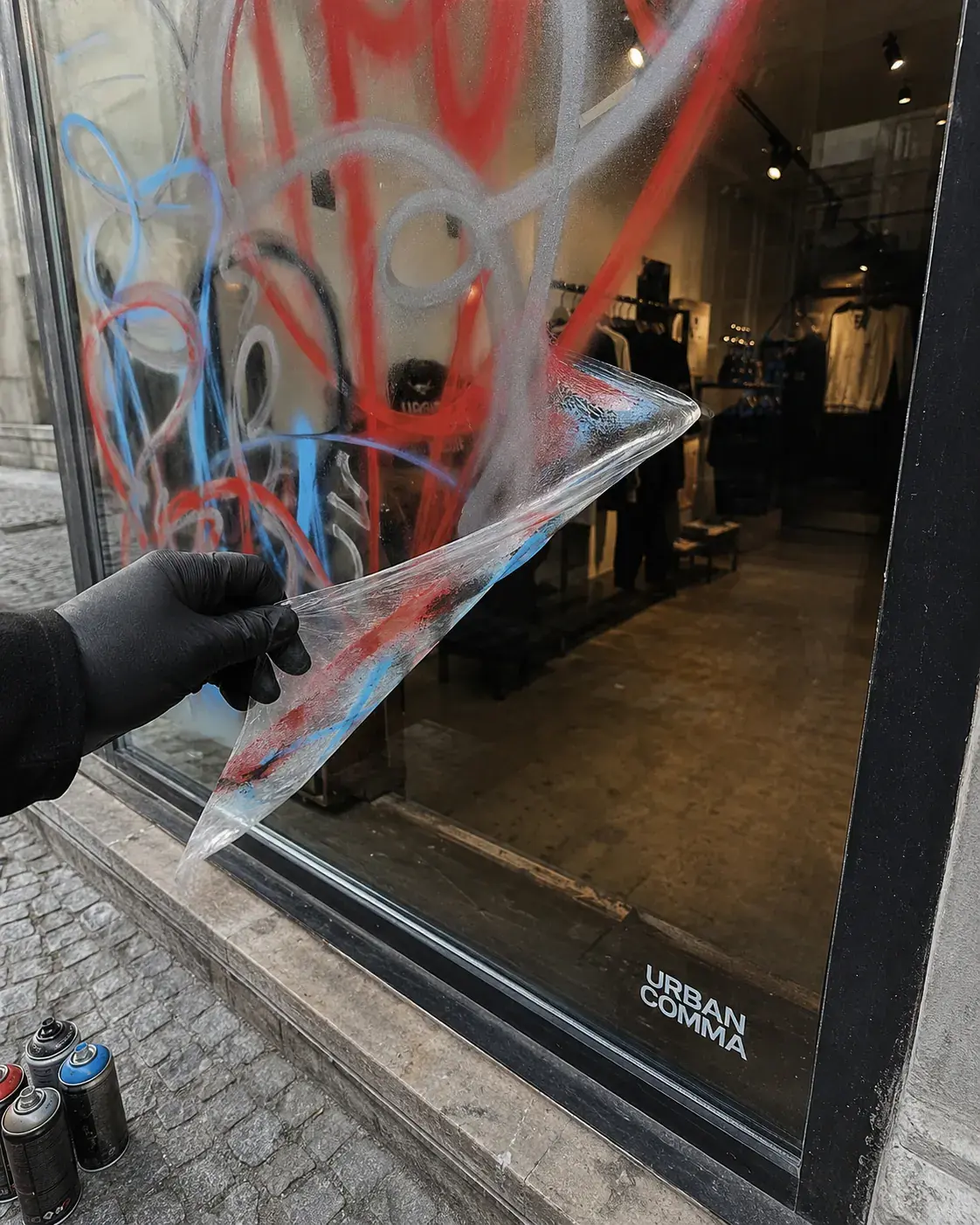 Skidanje anti-grafit folije sa izloga zajedno sa sprejem grafita
